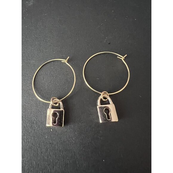 Gold Round Hoop Earrings with Dangling Gold PADLOCKS - Picture 2 of 4